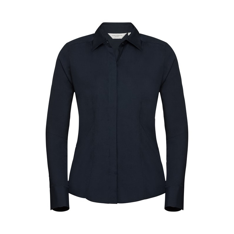 Ladies` Long Sleeve Fitted Polycotton, french tmavomodrá