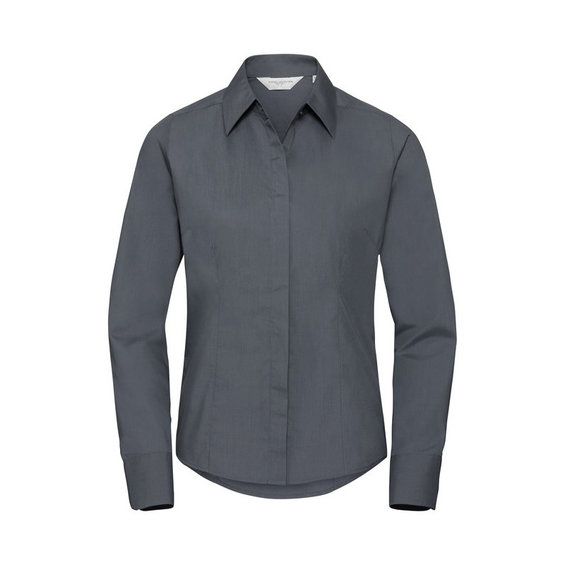Ladies` Long Sleeve Fitted Polycotton Poplin, convoy sivá, L
