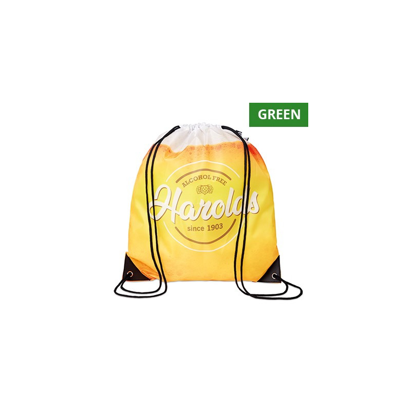 Recycled PET drawstring bag with PU corners. Min 250 pcs