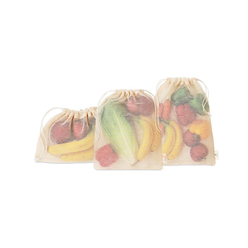 3-pieces mesh cotton grocery bag set. Min 250 pcs
