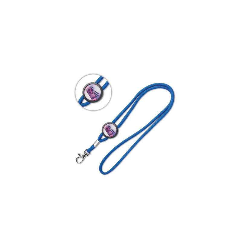 Round lanyard with domed slider. Min 100 pcs